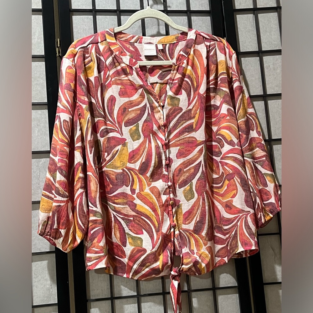 Zac & Rachel Pink Floral TIE FRONT BLOUSE with ABSTRACT PRINT WOMEN SIZE L